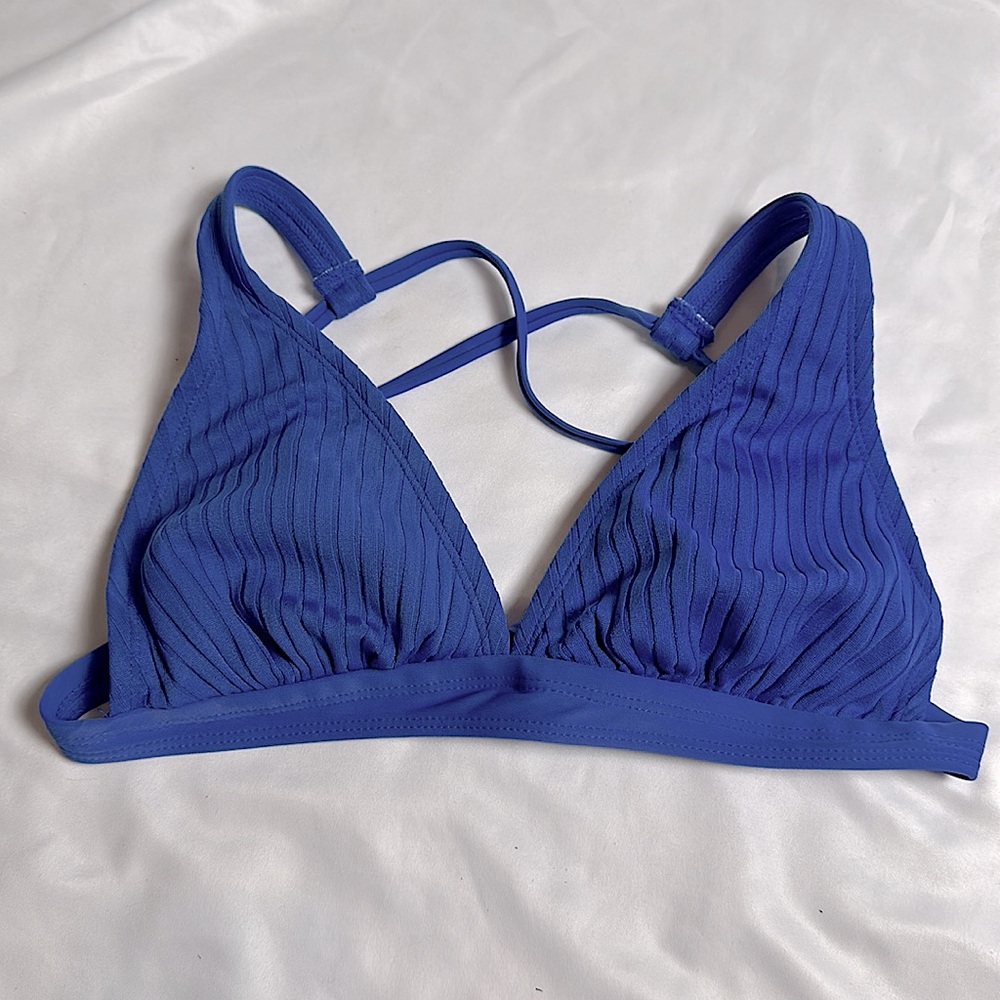 Blue ribbed triangle crossback bikini top